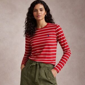 RALPH LAUREN SPORT Red White Breton Stripe Long Sleeve Cotton Tee Size L